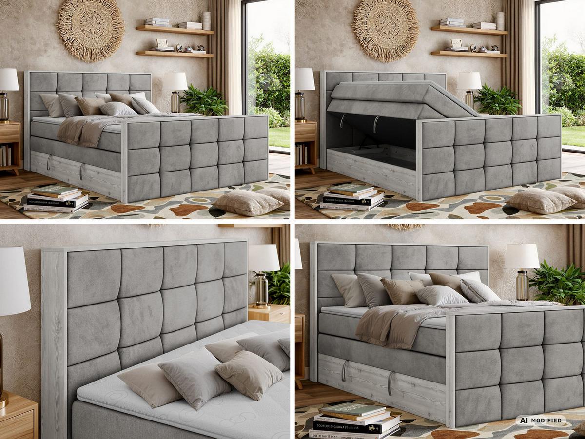 BOXSPRINGBETT ALNOR KING DUO 140/200 - Hellgrau Velvet - Topper Visco - H3 - Hellgrau/Schwarz, Kunststoff/Textil (140/200cm) - MKS