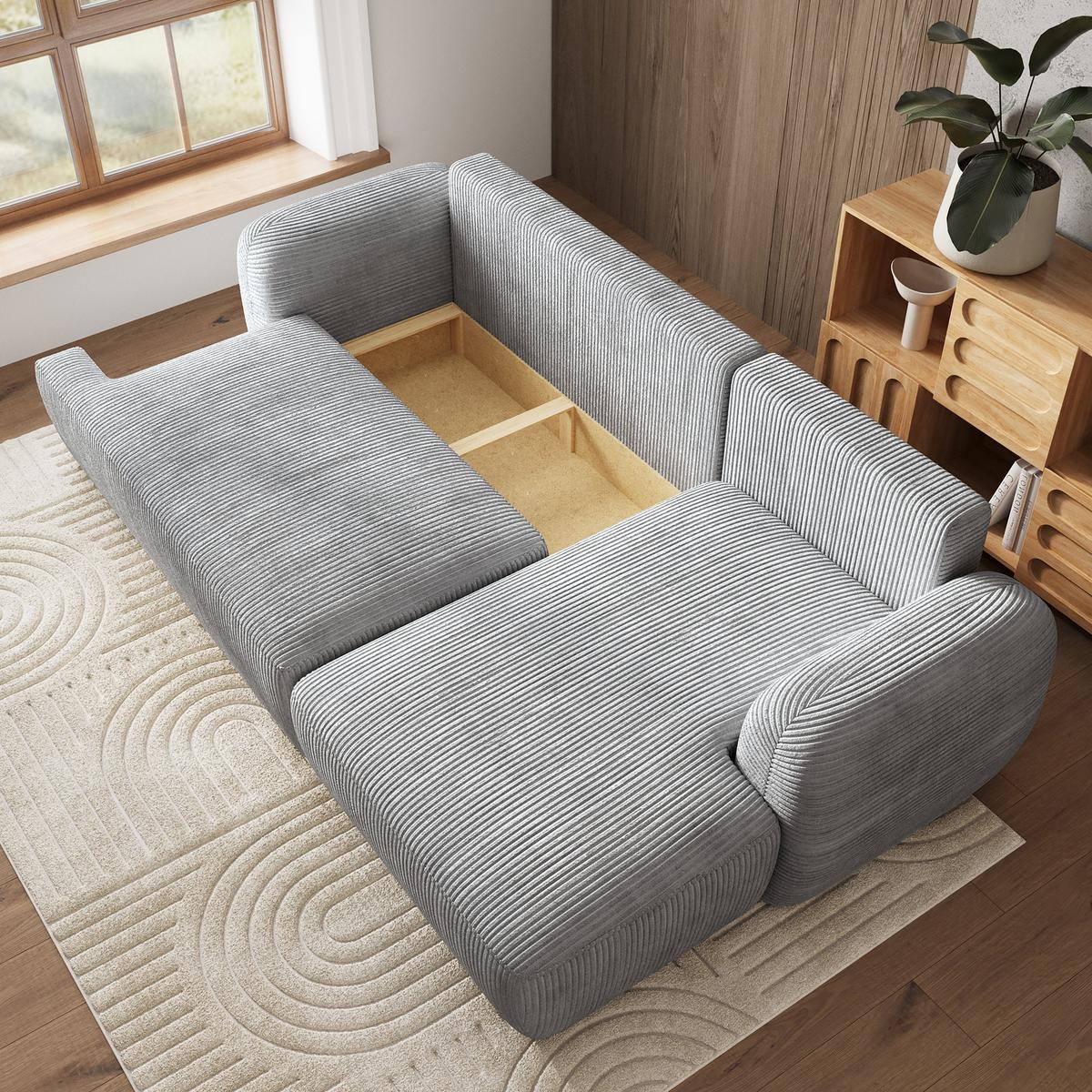 ECKSOFA MODENZA P R-S Hellgrau Kordstoff mit Schlaffunktion - Hellgrau/Schwarz, Holz/Kunststoff (266/148cm) - MASSENO