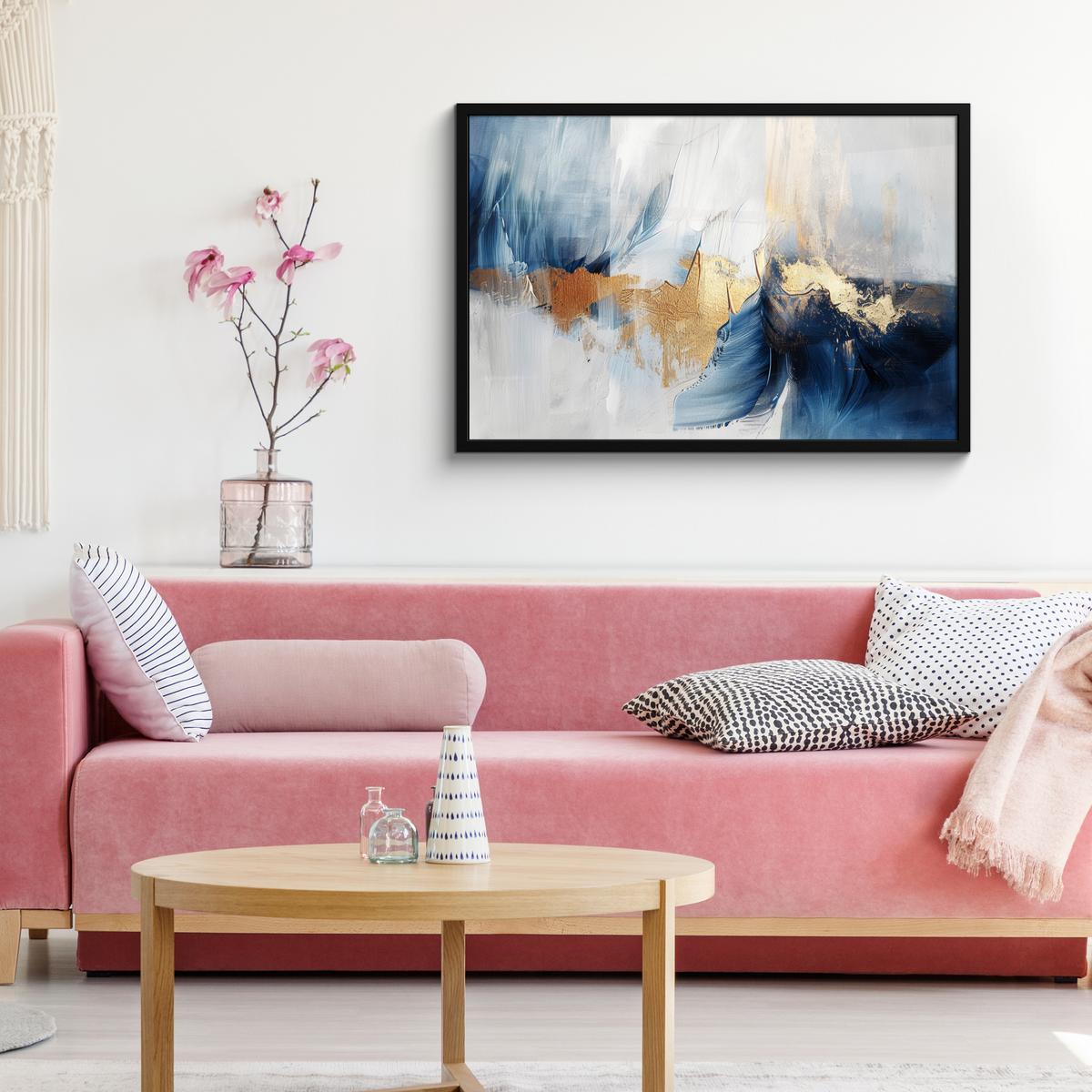 POSTER MIT RAHMENGERAHMTES BILD Gold - Blau - Aquarell - Kunst - Modern 90x60 cm - Hellblau, Papier (90/60cm) - MuchoWow