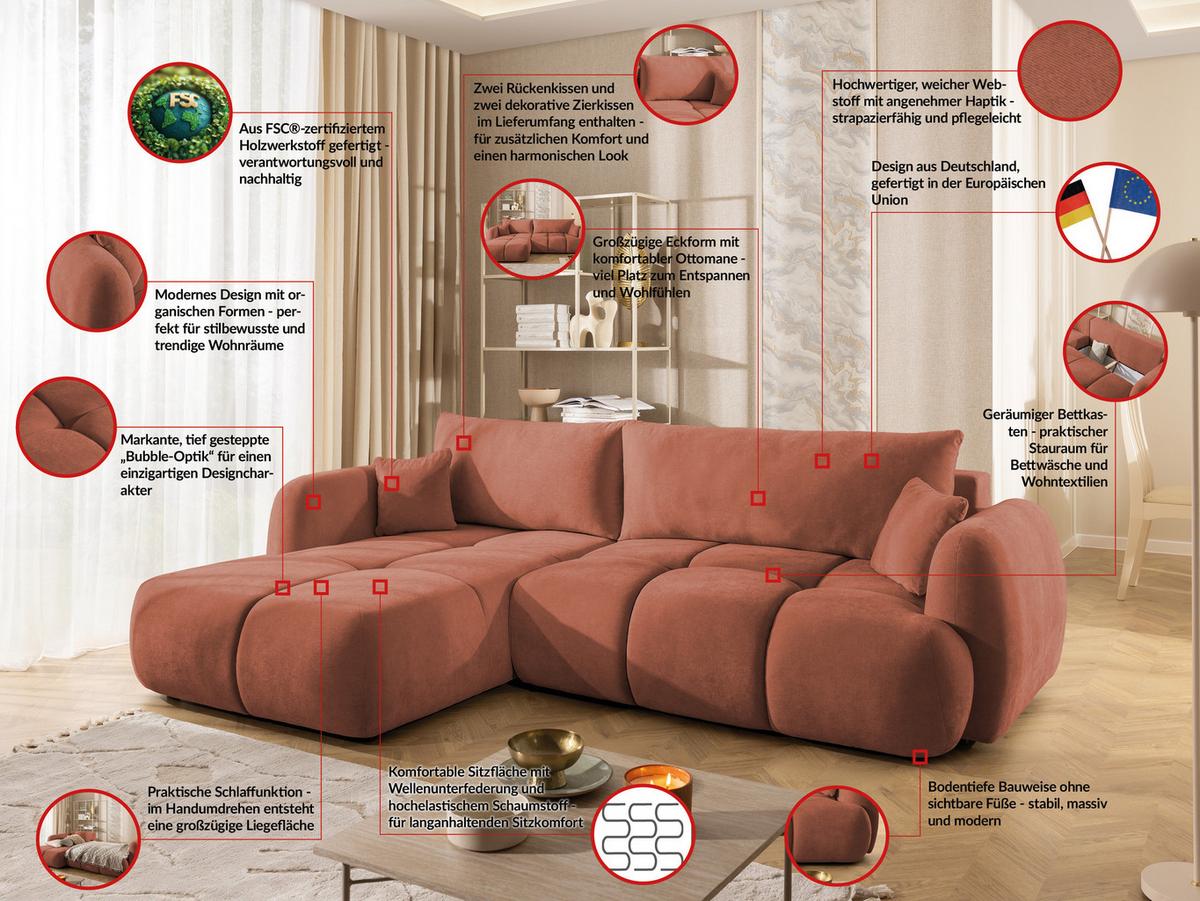 ECKSOFA Loretto aus natürlichem Terrakotta Webstoff mit Schlaffunktion, Bettkasten und tiefen Steppungen in Bubble-Optik - Terracotta/Schwarz, Holz/Kunststoff (180/275cm) - S-Style