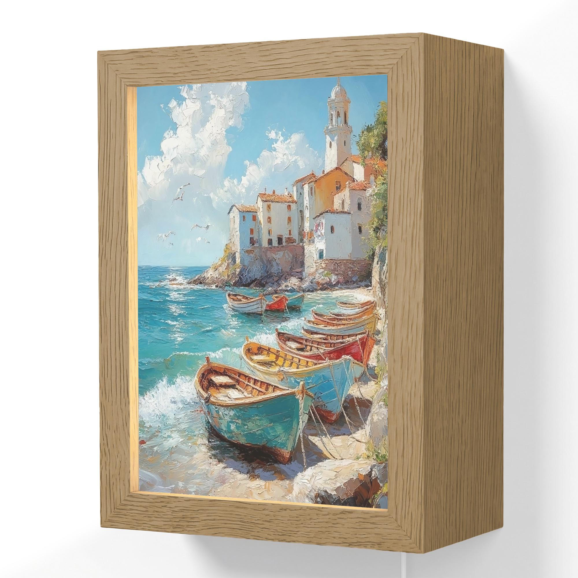 WANDLEUCHTE Boote - Felsen - Meer - Sonne 15x20 cm - Blau, Holzwerkstoff (15/20/8cm) - OnlyWow