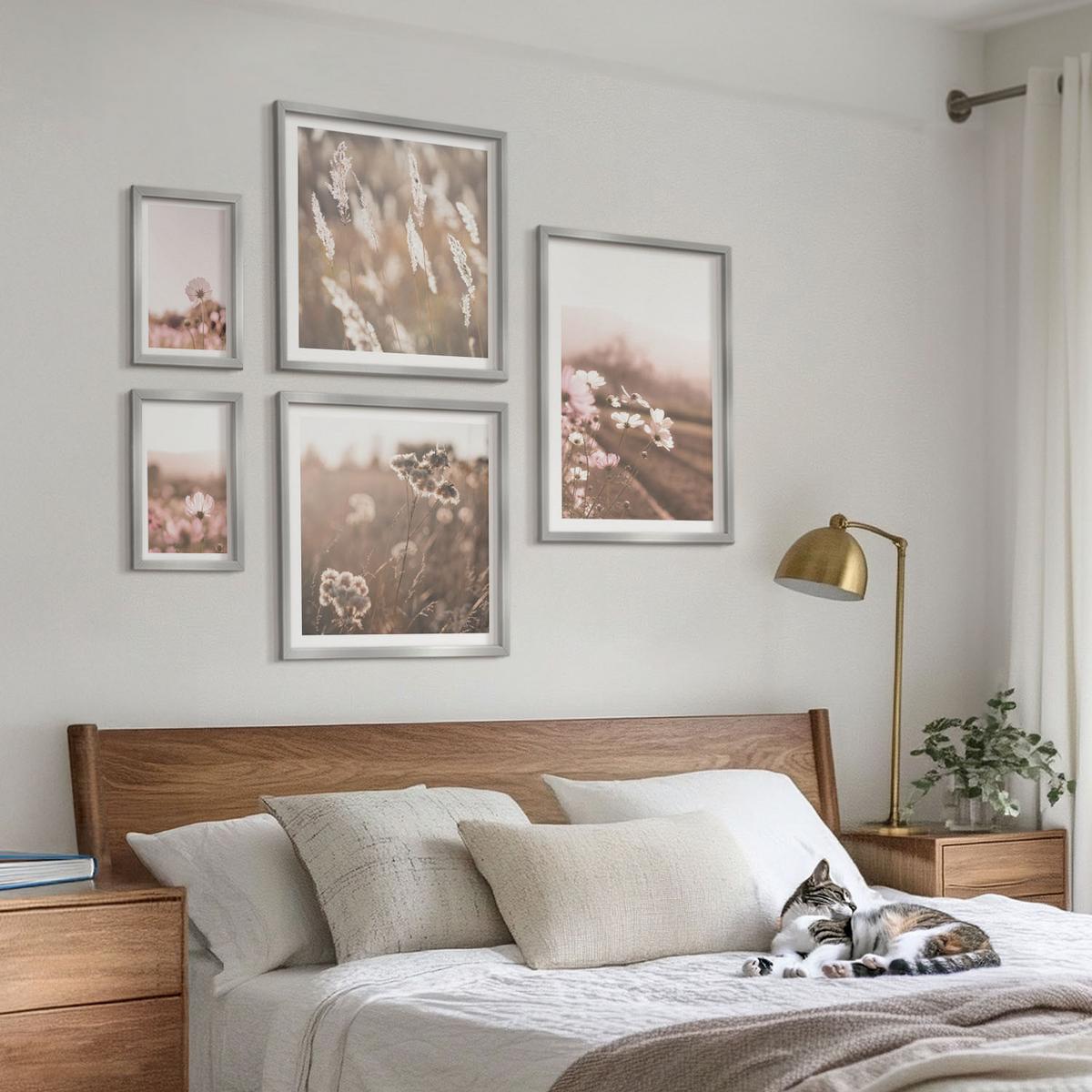 BILDER SET 5er Set - 50x50 cm & 20x30 cm & 40x60 cm Silberner Rahmen - Wildblumen auf den Wiesen im Sommer - Silberfarben, Kunststoff (40/60cm) - TULUP