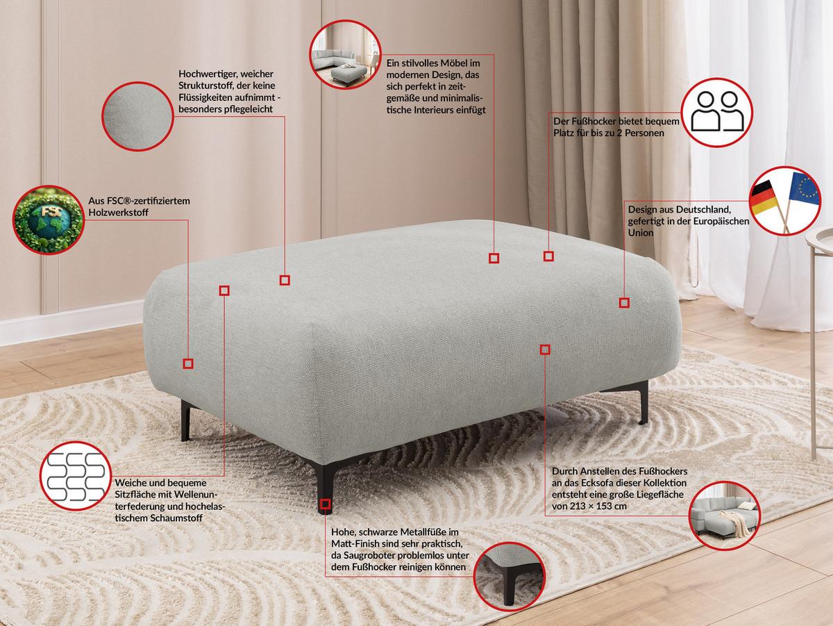 POLSTERHOCKER Cardea in Bubble-Optik aus weichem Hellgrau Strukturstoff mit hohem Sitzkomfort - Hellgrau/Schwarz, Holz/Textil (110/46/65cm) - S-Style Möbel