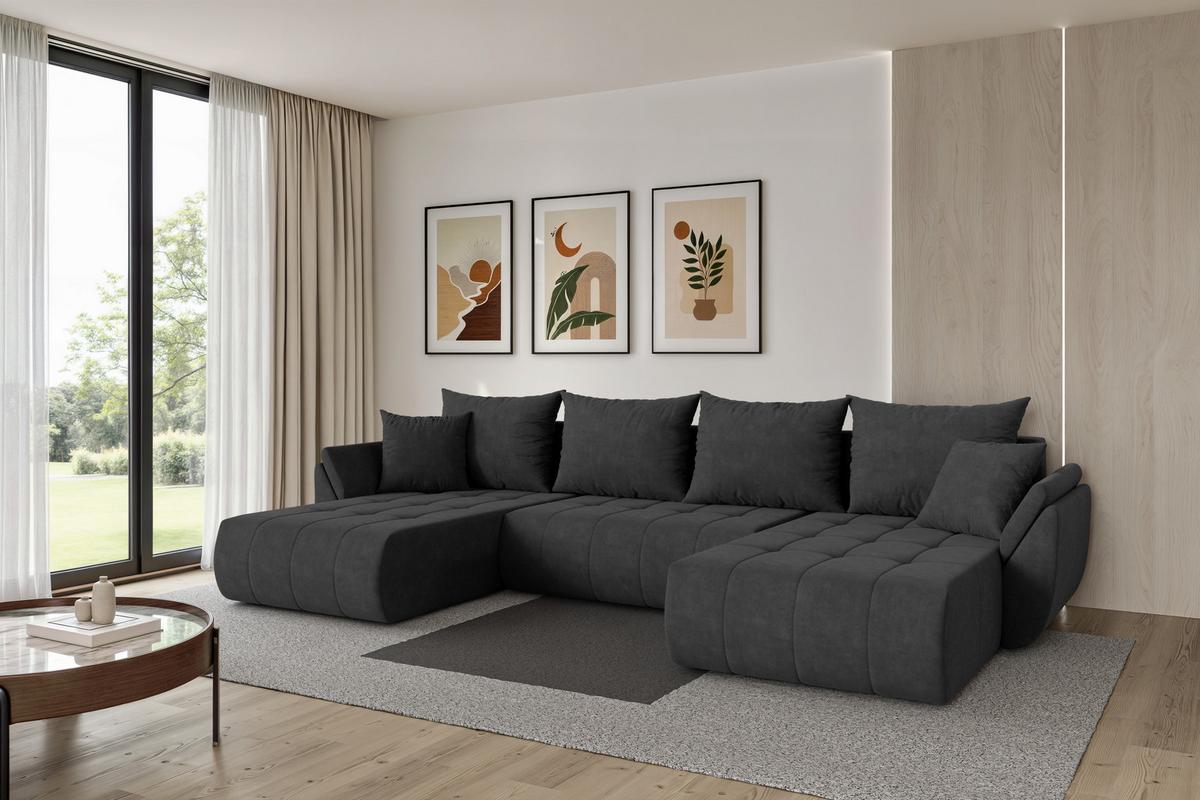 WOHNLANDSCHAFT mit Schlaffunktion und Bettkasten TOKO-U 378x194x86 Dunkelgrau Velours - Anthrazit/Schwarz, Holzwerkstoff/Kunststoff (378/86/194cm) - ALTDECOR