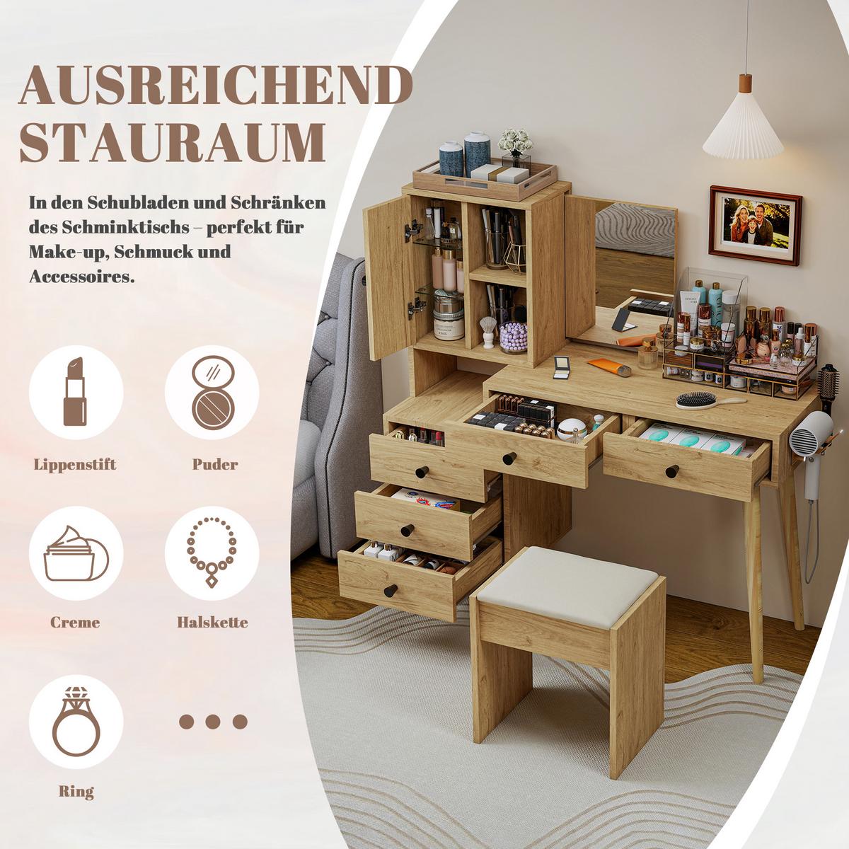 SCHMINKTISCH mit Hocker Naturholzoptik mit versenkbarem Spiegel, 5 Schubladen - Naturfarben, Holzwerkstoff (123/120/40cm) - Urban Meuble