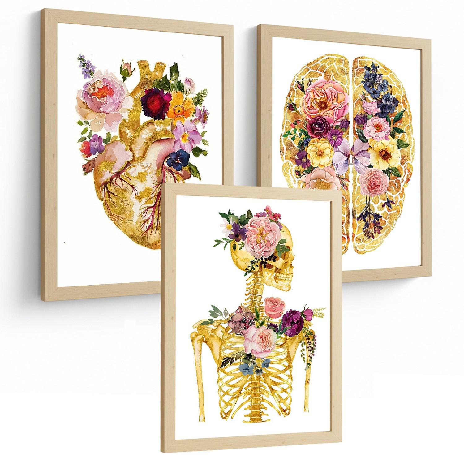 POSTER Set aus 3 Anatomie Mensch Drucke und Wandbilder mit Herz Gehirn und Skelett Goldenes Florales Design Größe Leichter Holzrahmen A3 - Beige, Papier (29.7/42/3cm) - Nacnic