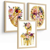 POSTER Set aus 3 Anatomie Mensch Drucke und Wandbilder mit Herz Gehirn und Skelett Goldenes Florales Design Größe Leichter Holzrahmen A3 - Beige, Papier (29.7/42/3cm) - Nacnic