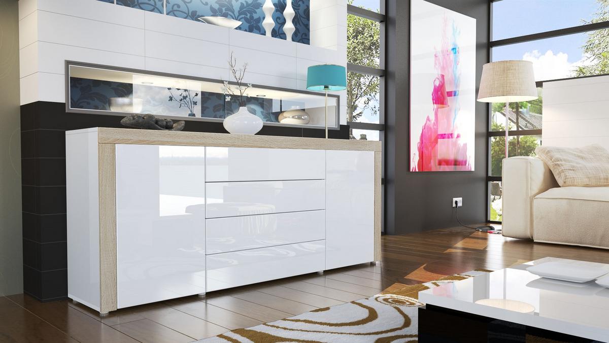 SIDEBOARD La Paz Weiß Hochglanz / Eiche sägerau - Hellbraun/Weiß Hochglanz, Holzwerkstoff (167/72/35cm) - Vladon