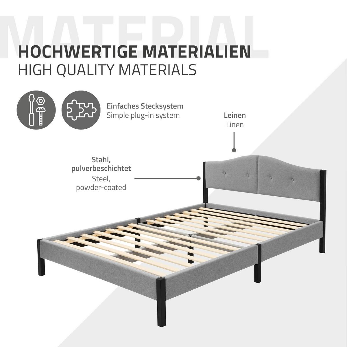 POLSTERBETT 140x200 cm Grau mit Lattenrost und Leinenstoff - Grau, Holzwerkstoff/Textil (140/200cm) - ML-DESIGN