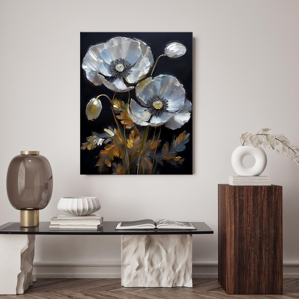 WANDBILD gemalter mohn silberne blumen - Silberfarben, Textil (40/60cm) - Feeby
