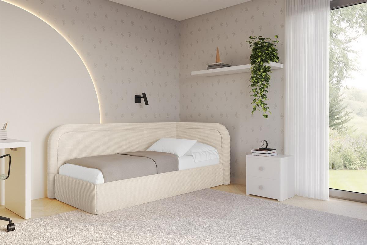 EINZELLBETT Jugendbett mit Bettkasten und Matratze H3/H4, Links - JOVY 90x200 Beige - Creme, Holzwerkstoff/Textil (90/200cm) - ALTDECOR