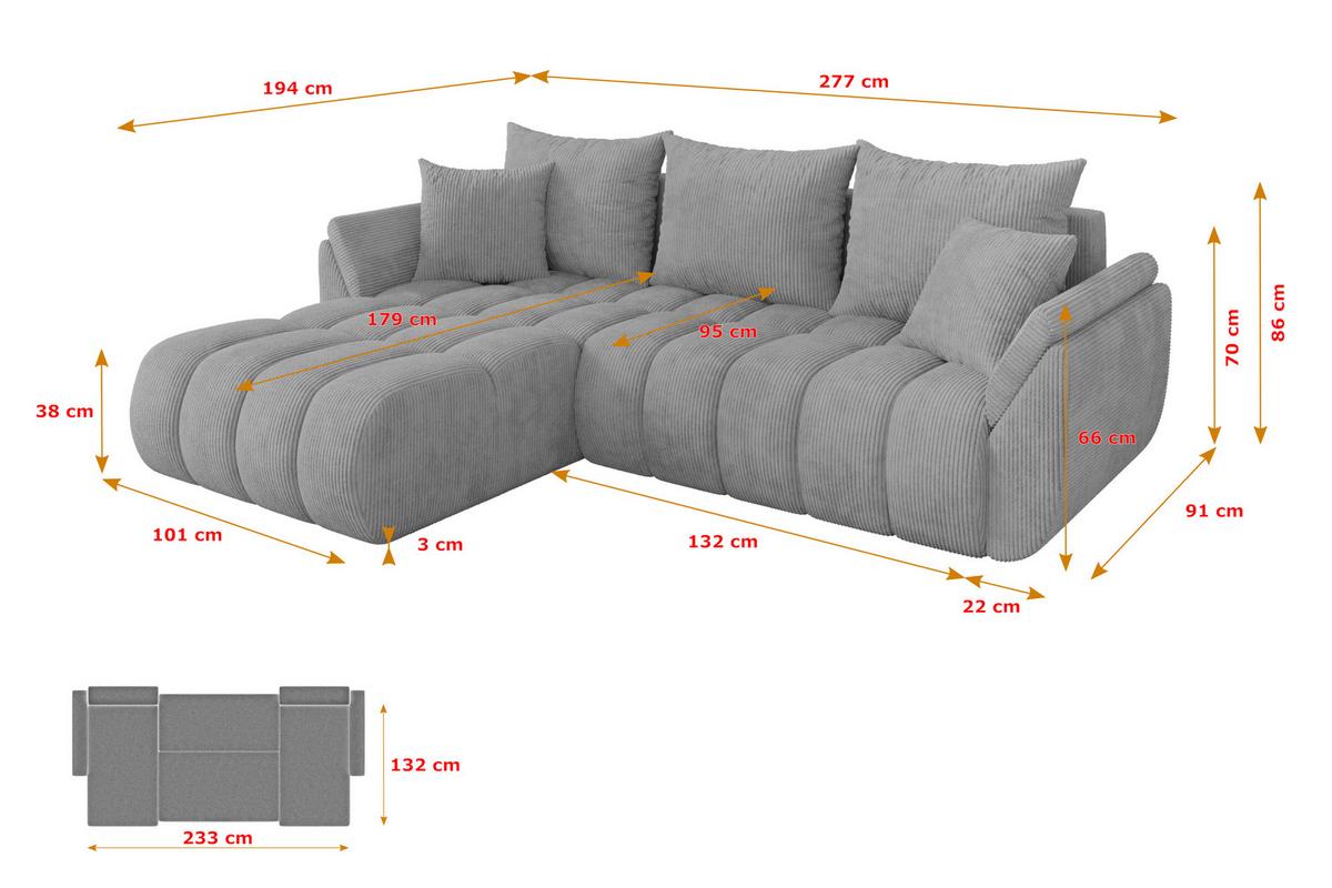 ECKSOFA mit Schlaffunktion Ottomane Links TOKO-L-v1 277x194x86 Grau Cord - Schwarz/Grau, Holzwerkstoff/Kunststoff (277/194cm) - ALTDECOR