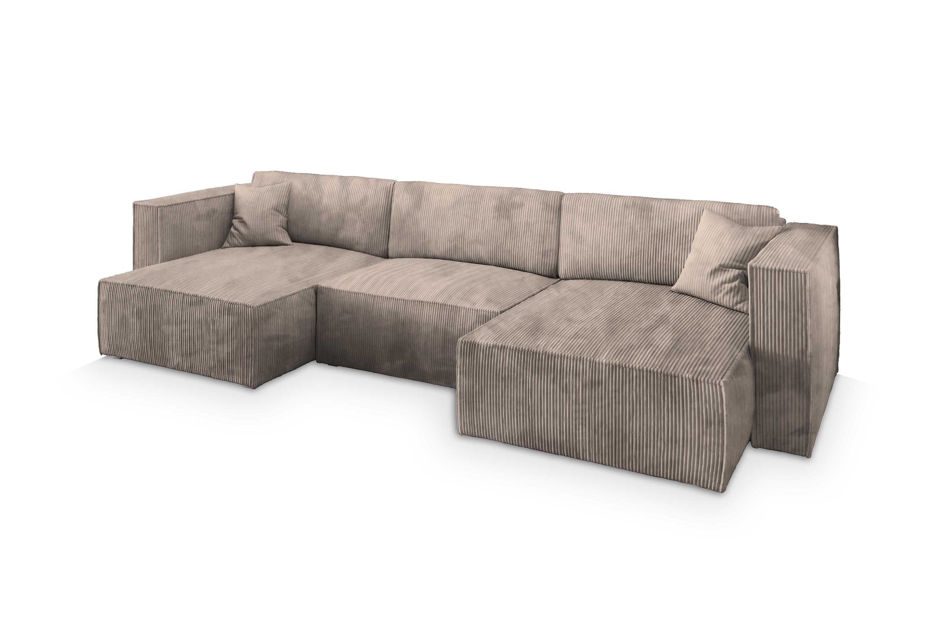 WOHNLANDSCHAFT SARMO P Beige Kordstoff mit Schlaffunktion - Beige/Grau, Holz/Kunststoff (347/70/148cm) - MASSENO