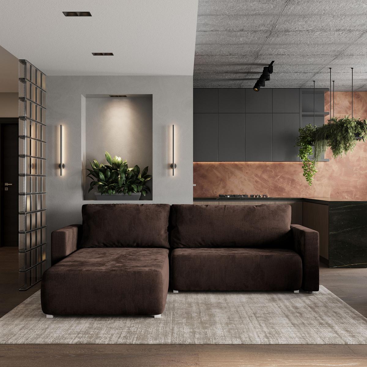 ECKSOFA TURIN M Braun Velours-Stoff mit Schlaffunktion - Braun/Grau, Holz/Kunststoff (265/183cm) - MASSENO