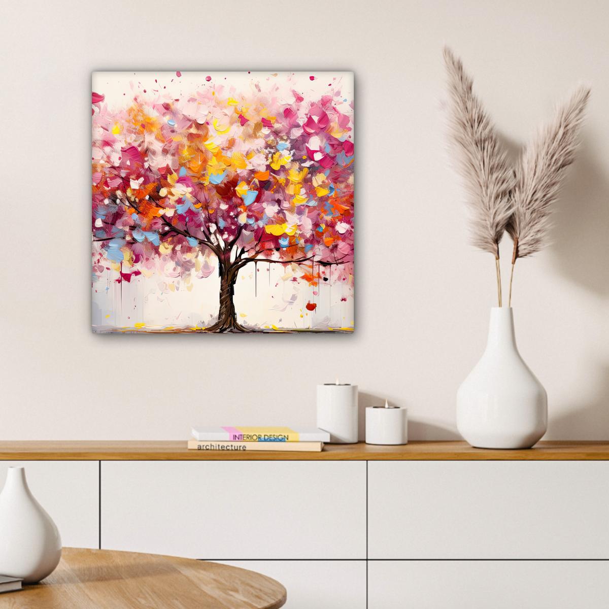 LEINWANDBILD Aquarell - Baum - Kunst - Abstrakt Wandbild Wohnzimmer 50x50 cm - Rosa, Textil (50/50cm) - MuchoWow