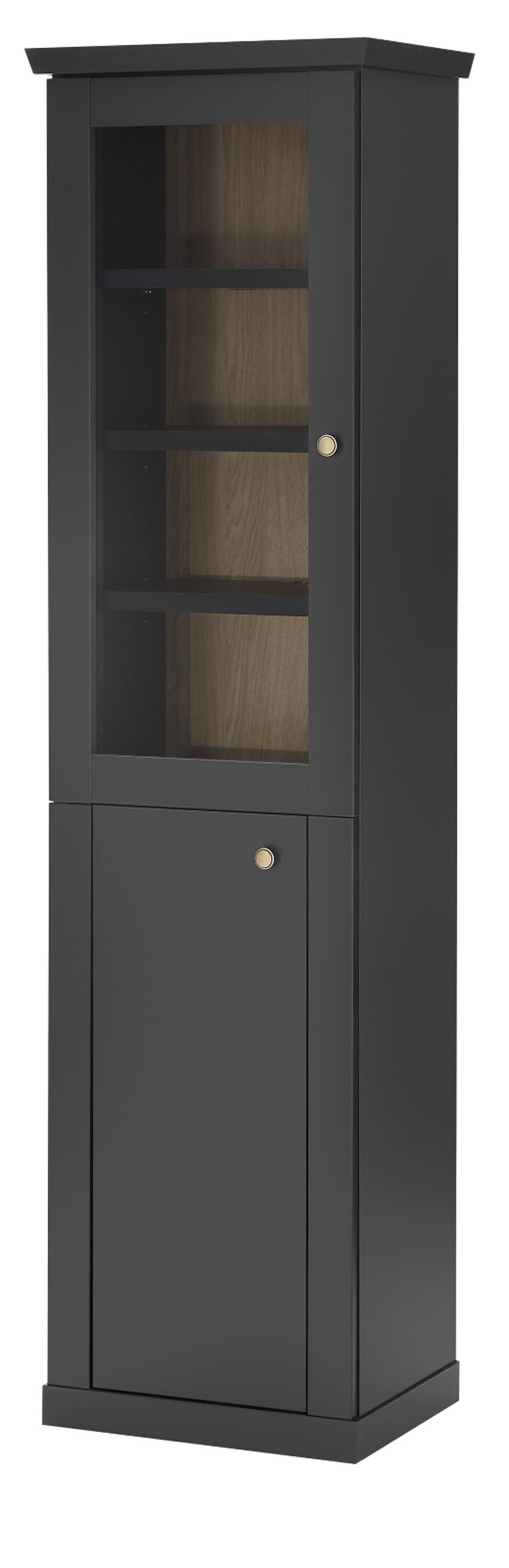 VITRINE schwarz matt, Eiche 55 cm, Vitrinenschrak Landhaus mit Soft-Close - Eichefarben/Messingfarben, Glas/Holzwerkstoff (55/200/39cm) - Furn.Design