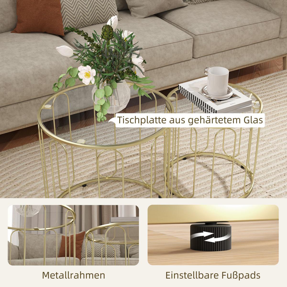 COUCHTISCH-SET 2er Set Metall Glas Gold - Goldfarben, Metall (50/50/50cm) - HOMCOM