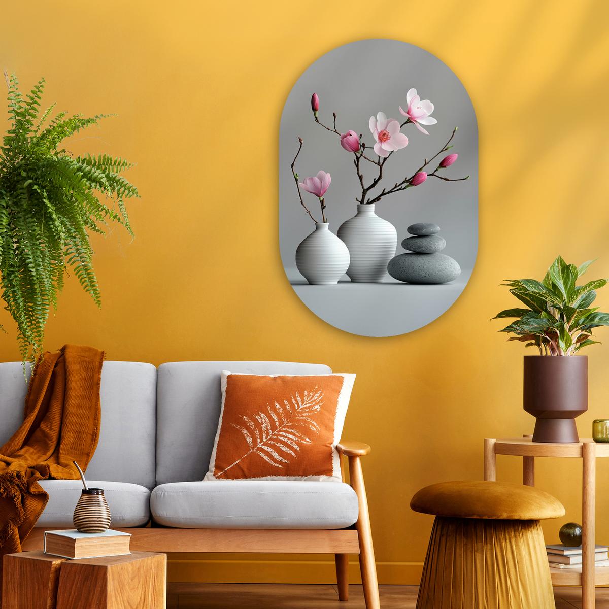 WANDBILD Magnolie - Blumen - Rosa - Zen-Steine Wanddeko Schlafzimmer 60x90 cm - Hellgrau, Kunststoff (60/90cm) - MuchoWow