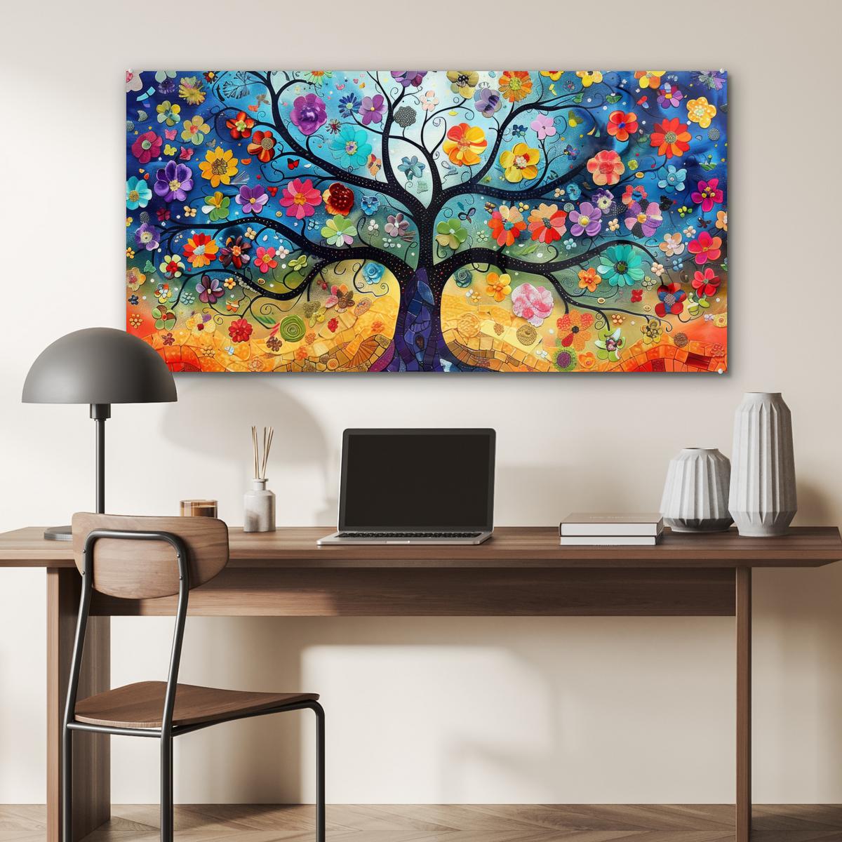 ACRYLGLASBILD Kunst - Baum des Lebens - Blumen - Hippie 120x60 cm - Dunkelblau, Glas (120/60cm) - MuchoWow