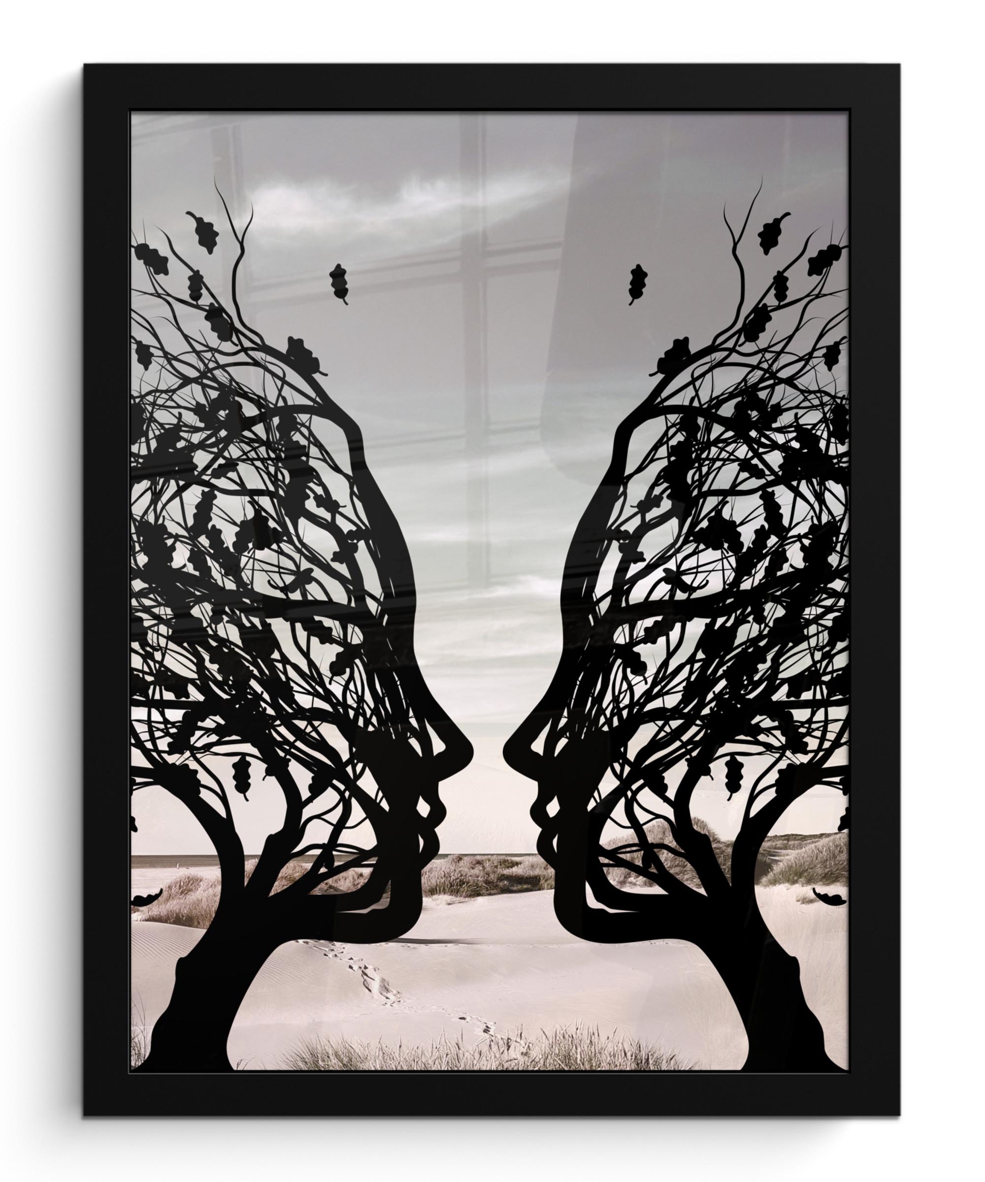 POSTER MIT RAHMEN Strand - Meer - Menschen - Baum - Moderne Kunst Bilderrahmen 30x40 cm - Hellgrau, Papier (30/40cm) - MuchoWow