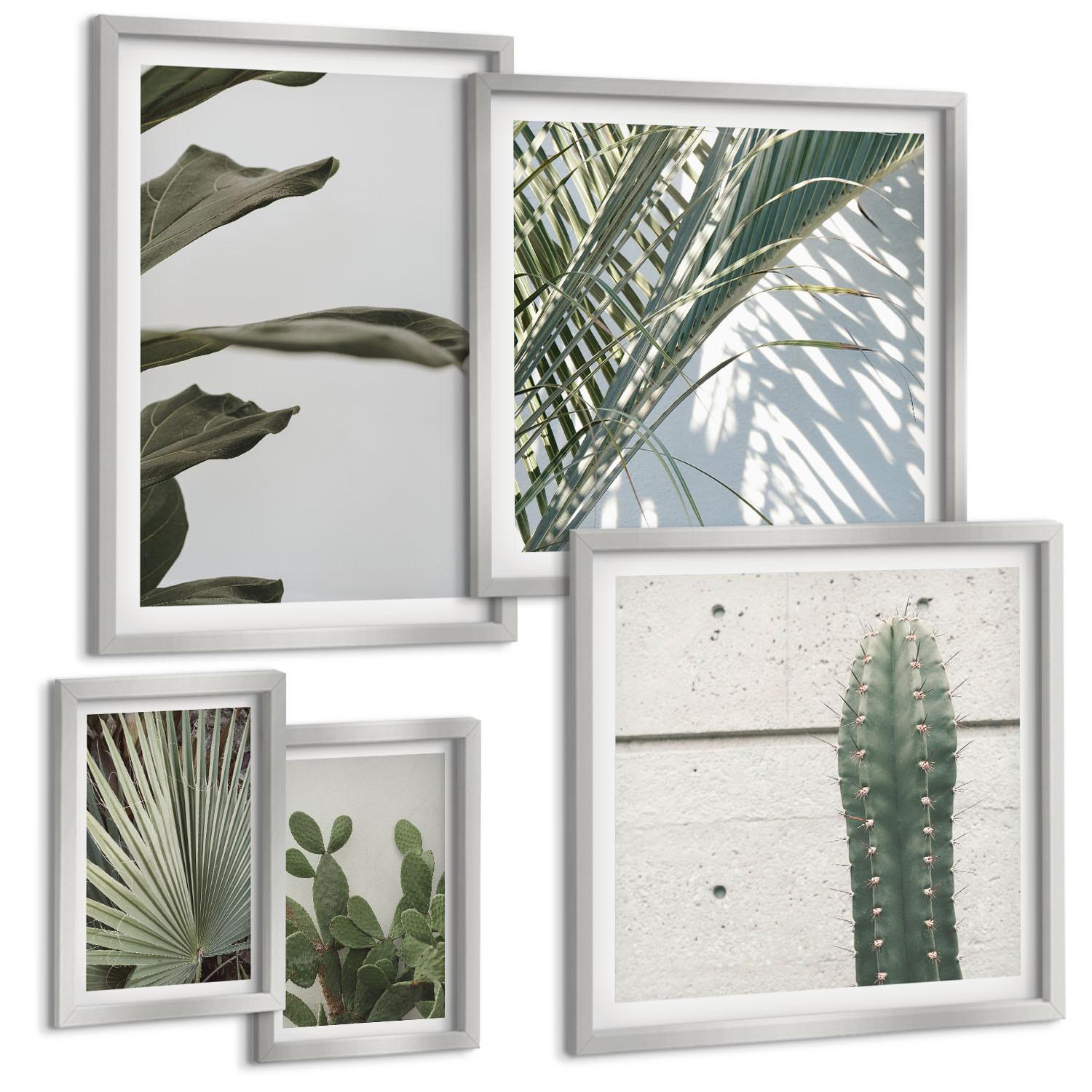 BILDER SET 5er Set - 50x50 cm & 20x30 cm & 40x60 cm Silberner Rahmen - Blätter tropischer Pflanzen in Pastellfarben - Silberfarben, Kunststoff (40/60cm) - TULUP