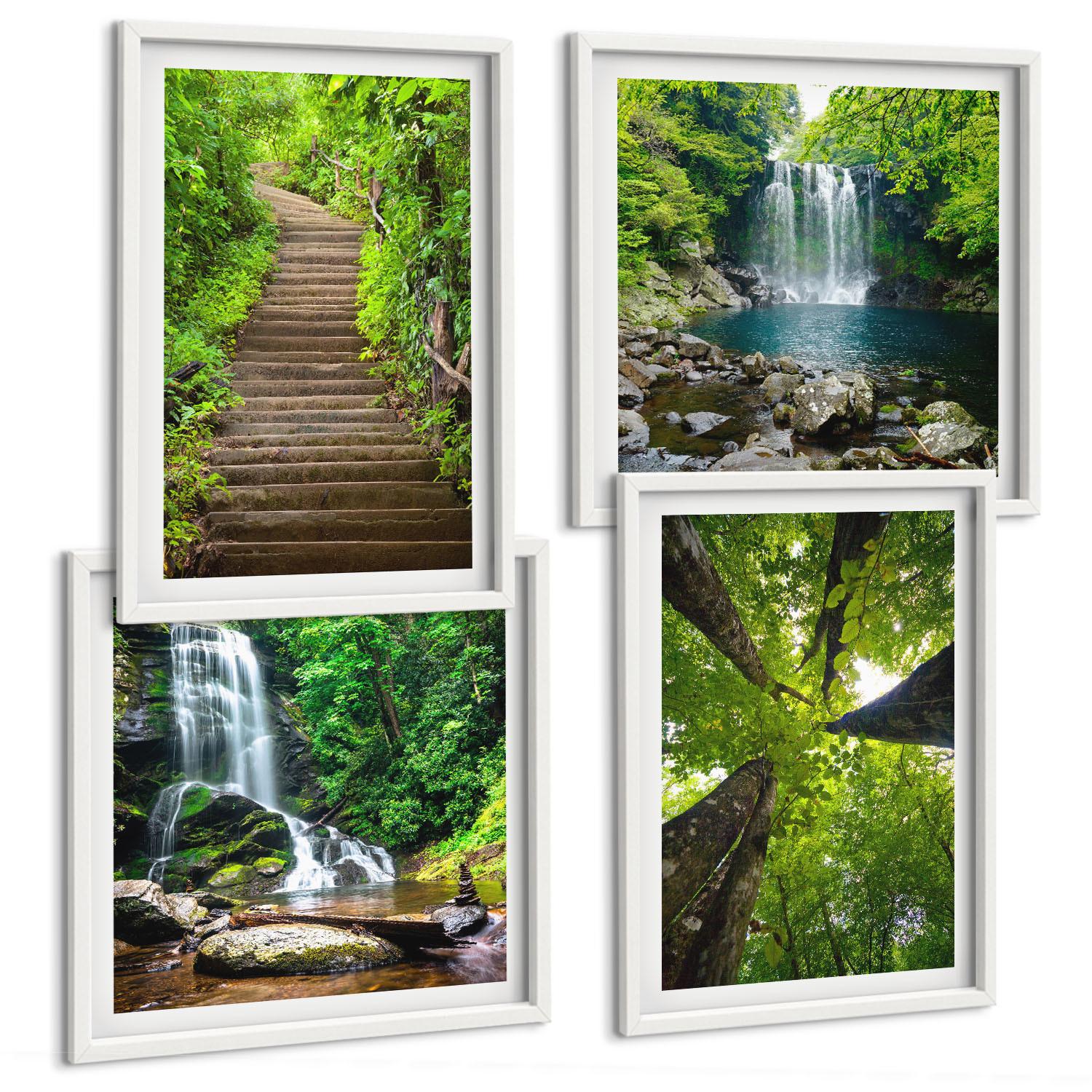 BILDER SET 4er Set - 50x50 cm & 40x60 cm Weißer Rahmen - Pfad Wald Wasserfall Vegetation - Weiß, Kunststoff (50/50cm) - TULUP