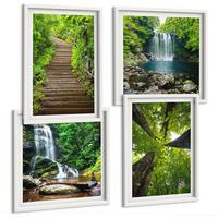 BILDER SET 4er Set - 50x50 cm & 40x60 cm Weißer Rahmen - Pfad Wald Wasserfall Vegetation - Weiß, Kunststoff (50/50cm) - TULUP