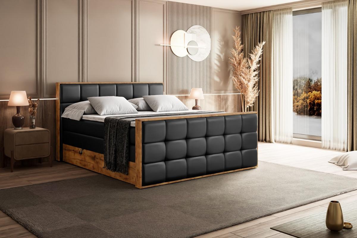BOXSPRINGBETT mit Matratze H3|H4 und Lattenrost - LOLLI7-Z KING-200x200 - Schwarz Kunstleder - Schwarz, Holzwerkstoff (200/200cm) - ALTDECOR