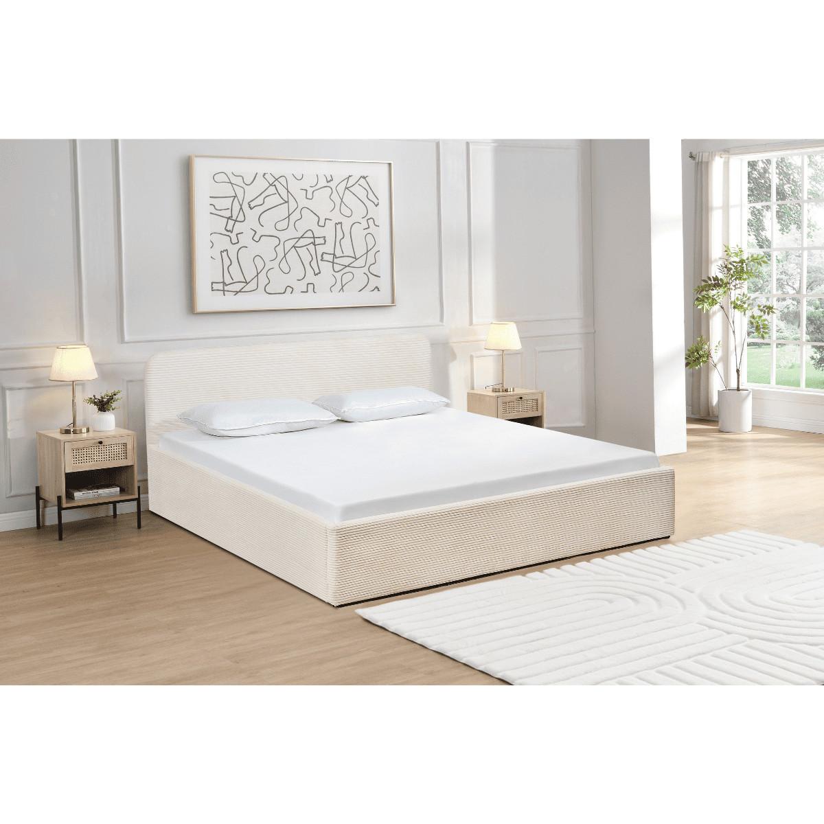 BETTKASTEN 160x200 cm mit kopfteil bezogen mit beigem - livy - Beige, Holz (200/160cm) - Calicosy