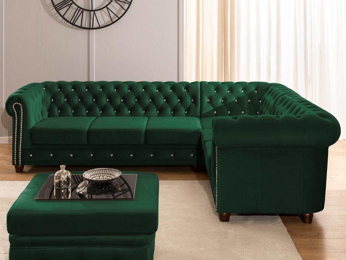 ECKSOFA mit Schlaffunktion Chesterfield Flasche Grün Samt mit Kristallsteppung und braunen Massivholzfüßen - Ottomane Rechts - Braun/Grün, Holz/Textil (264/210cm) - S-Style Möbel