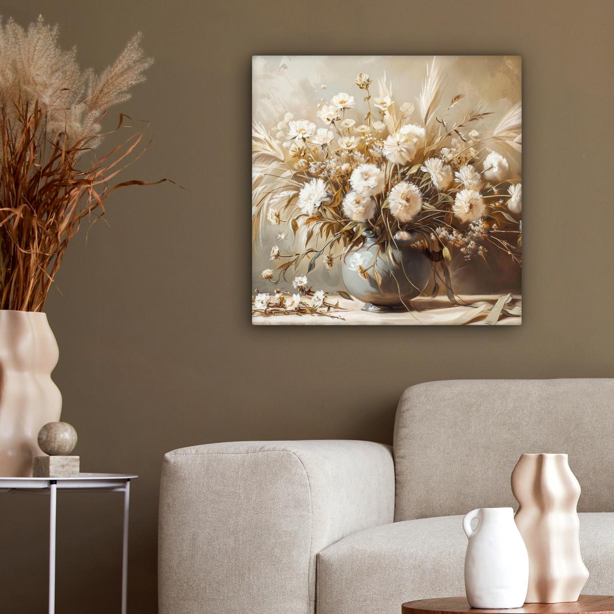 LEINWANDBILD Blumen - Vase - Stilleben - Beige Wandbild Wohnzimmer 50x50 cm - Creme, Textil (50/50cm) - MuchoWow