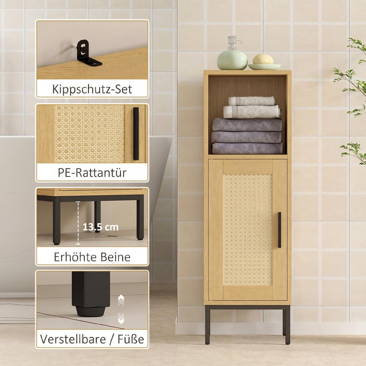 BADEZIMMERSCHRANK Spanplatte Stahl Naturholz - Schwarz/Naturfarben, Holzwerkstoff/Kunststoff (30/94/30cm) - HOMCOM