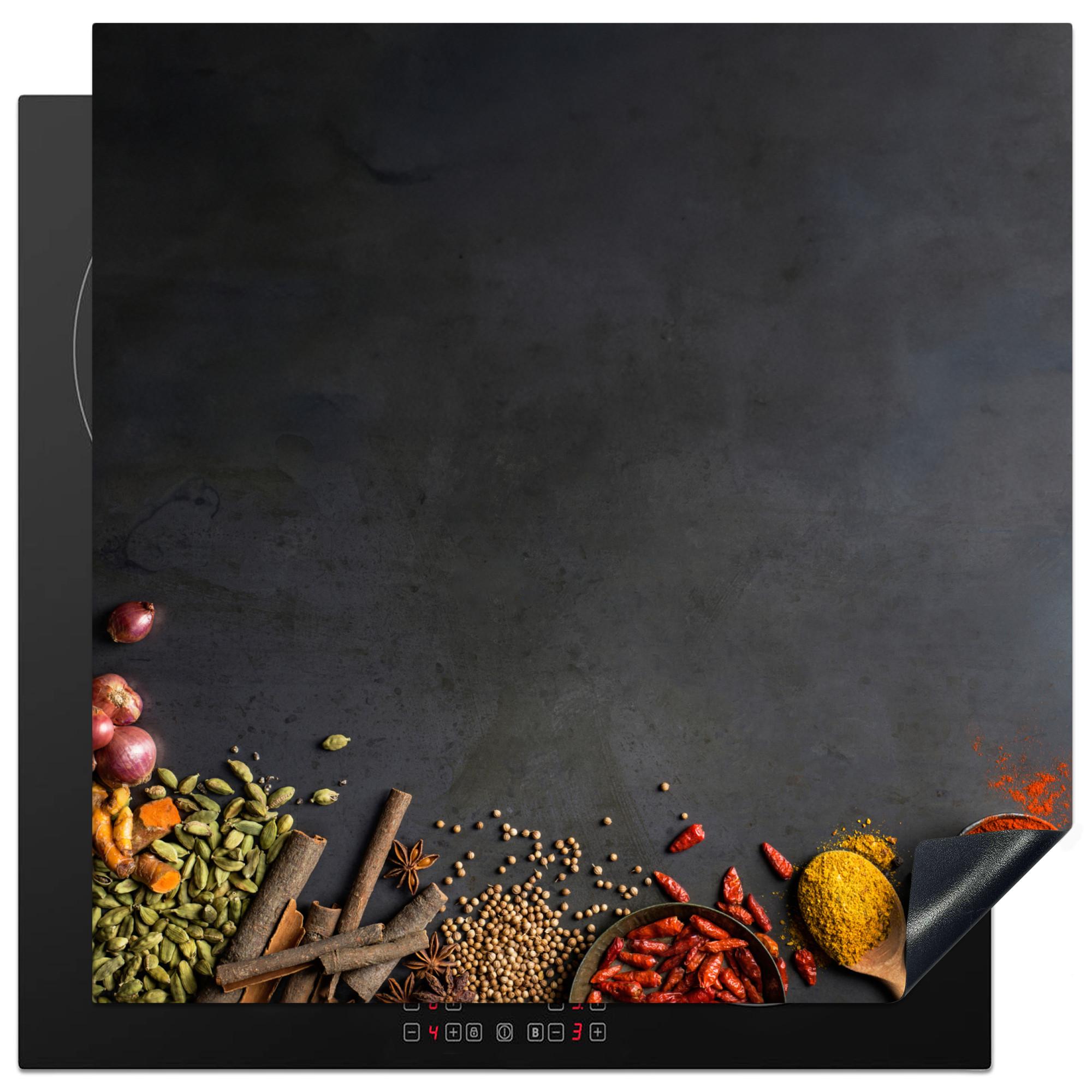 HERDABDECKPLATTE Kräuter - Lebensmittel - Gewürze - Schwarz - Paprika - Zimt Induktionsmatte 78x78 cm - Currygelb, Kunststoff (78/78/0.2cm) - MuchoWow
