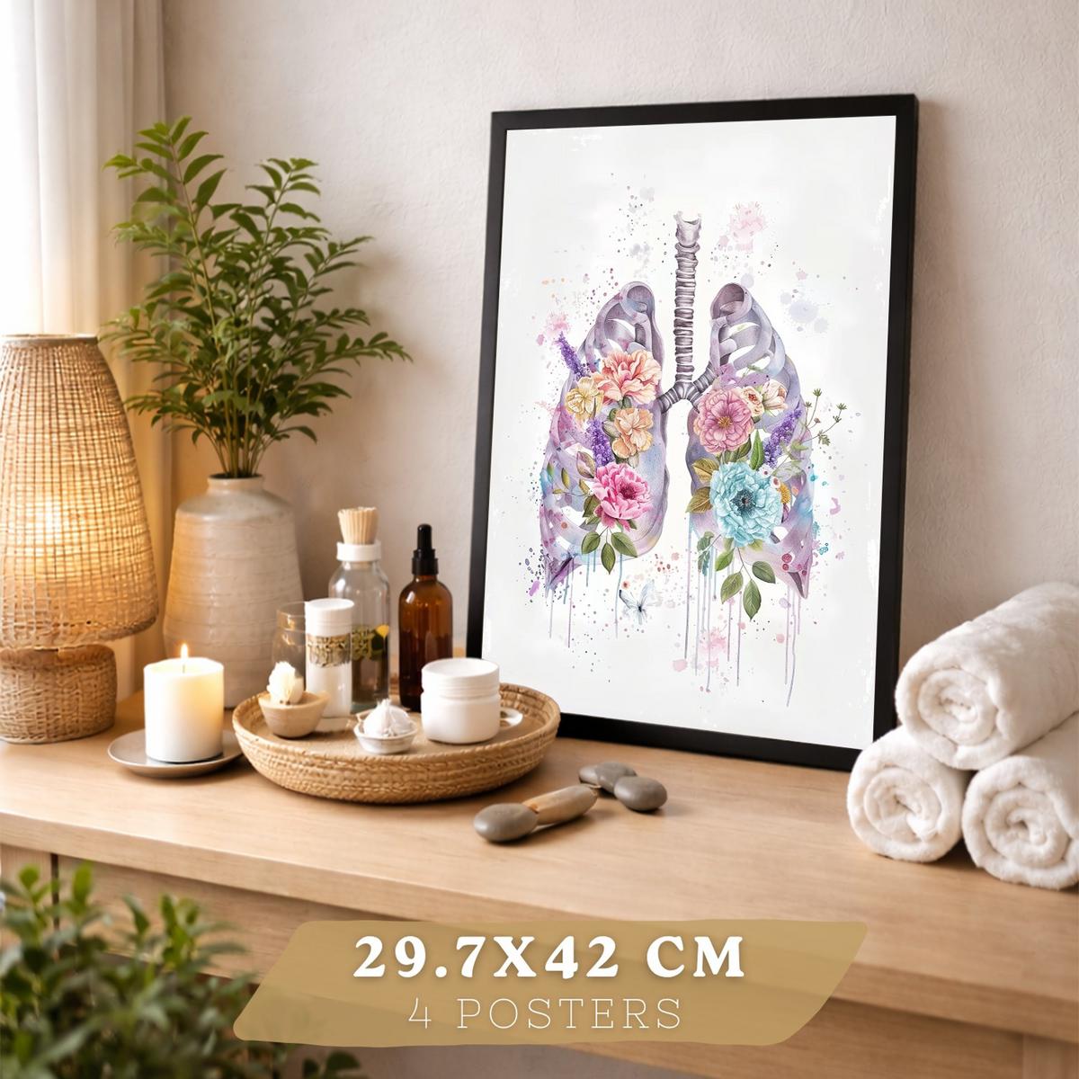 POSTER Set aus 4 Anatomie Mensch Drucke und mit Schädel Lungen Verdauungssystem und Gehirn Florales Aquarell Design Größe Schwarzer Rahmen A3 - Schwarz, Papier (29.7/42/3cm) - Nacnic