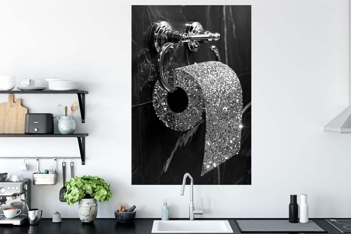WANDTATTOO WC - Toilettenpapier - Schwarz und weiß - Glitter Wandaufkleber 80x120 cm - Silberfarben, Kunststoff (80/120/0.1cm) - MuchoWow