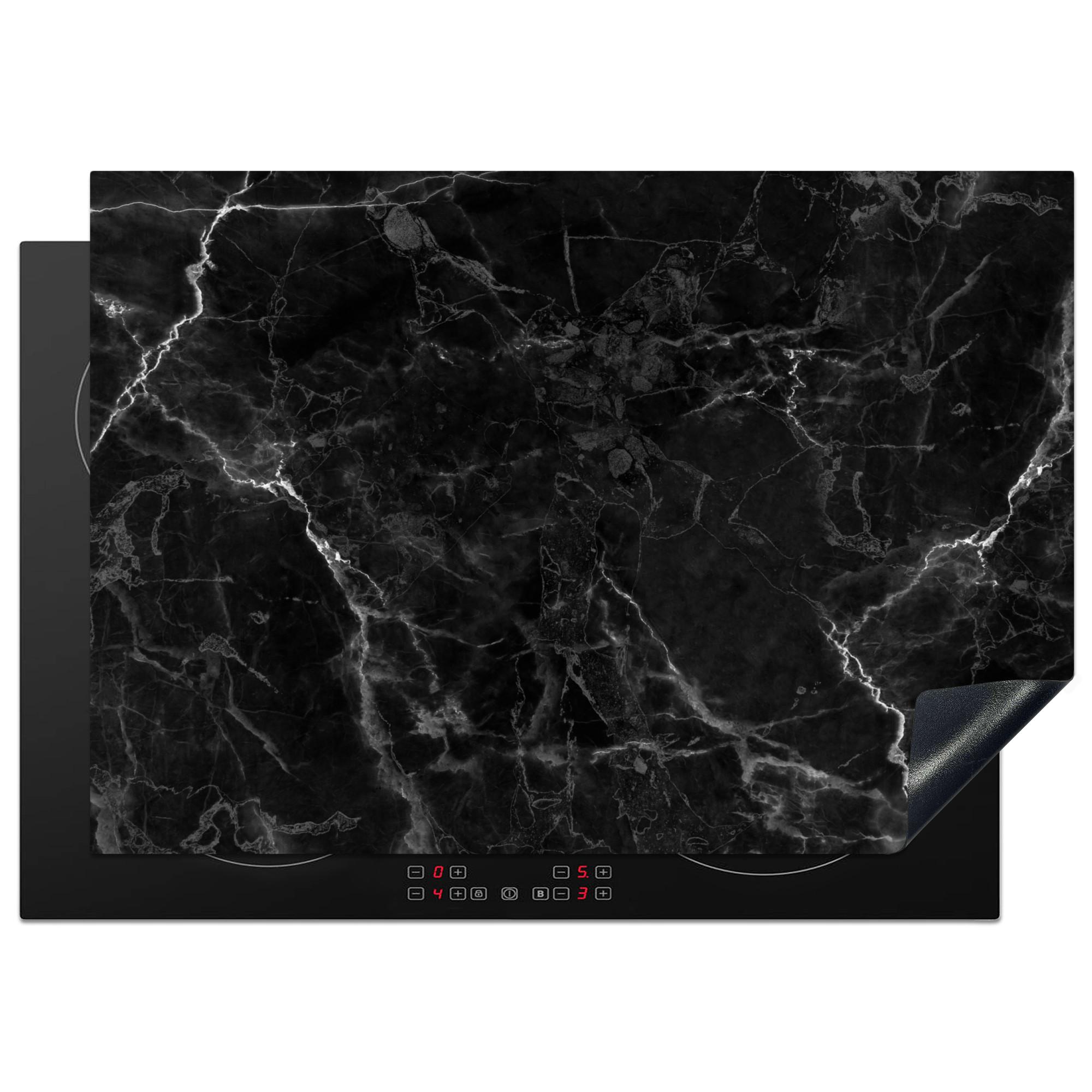 HERDABDECKPLATTE Marmor - Schwarz - Weiß - Textur - Marmoroptik Herdabdeckung Induktionsfeld 75x52 cm - Silberfarben, Kunststoff (75/52/0.2cm) - MuchoWow