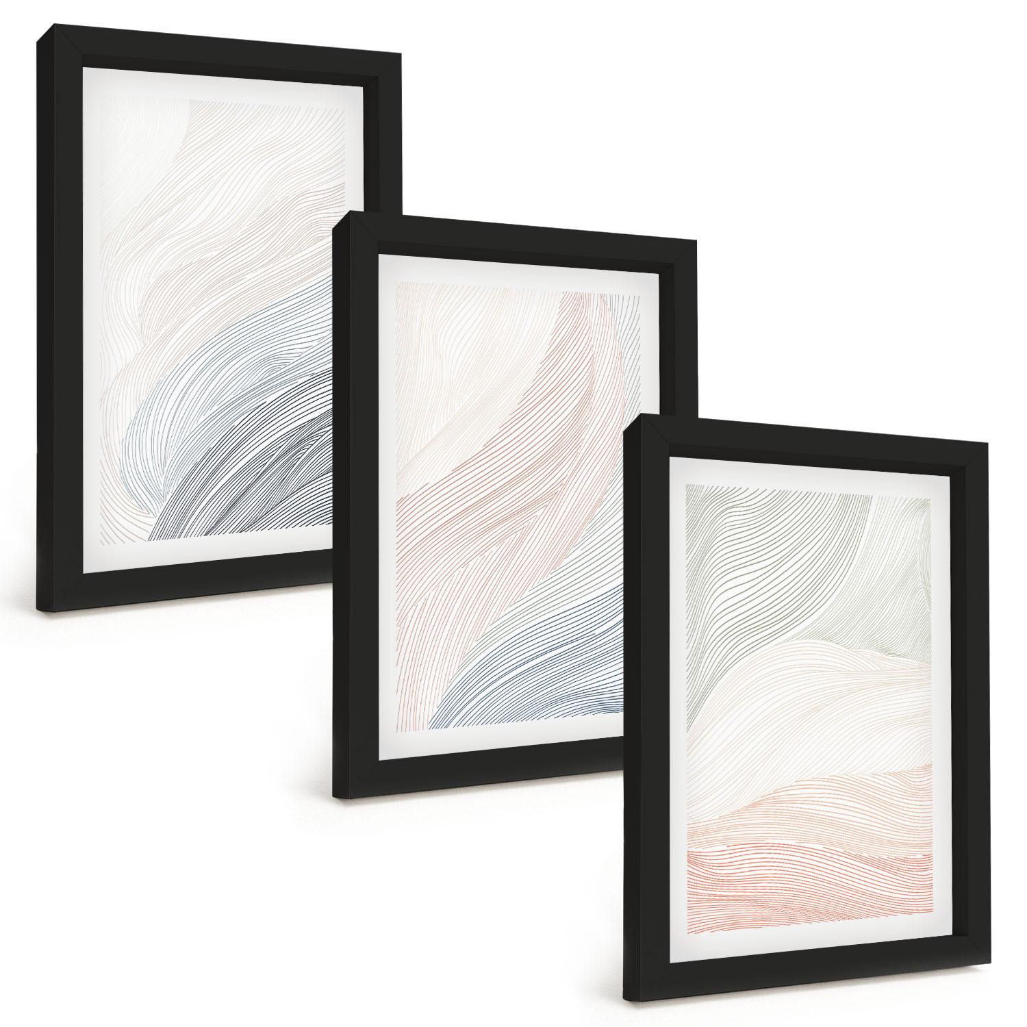 BILDER SET 3er Set - 20x30 cm Schwarzer Rahmen - Abstrakte Wellen, Karton, Pastell - Schwarz, Kunststoff (20/30cm) - TULUP