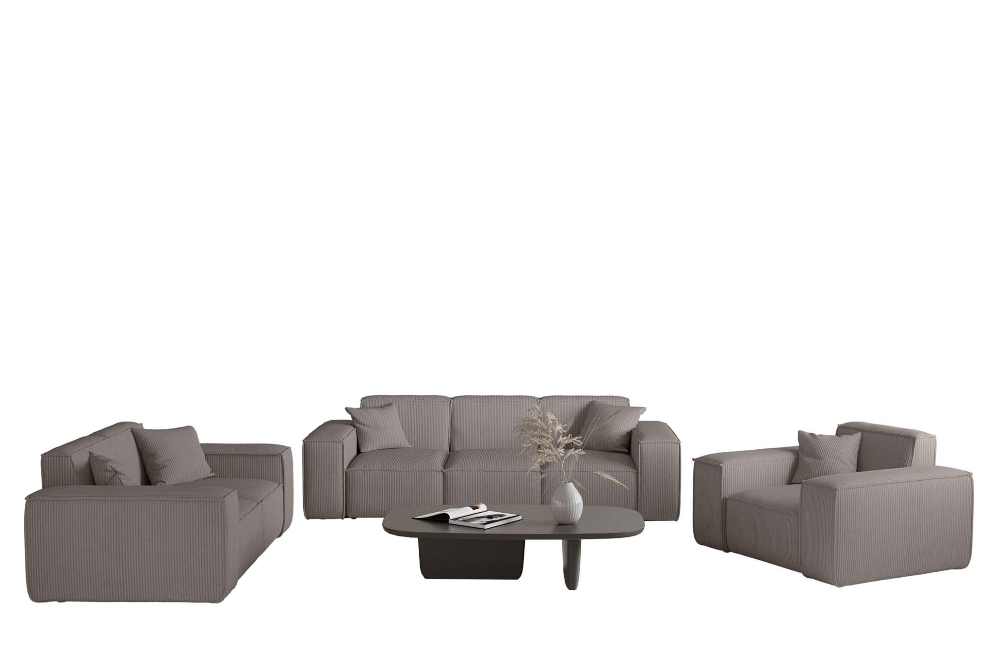 SOFASET Celes Premium 3-2-1 Stoff Scala - Taupe, Holzwerkstoff/Textil (225/73/88cm) - Fun Möbel