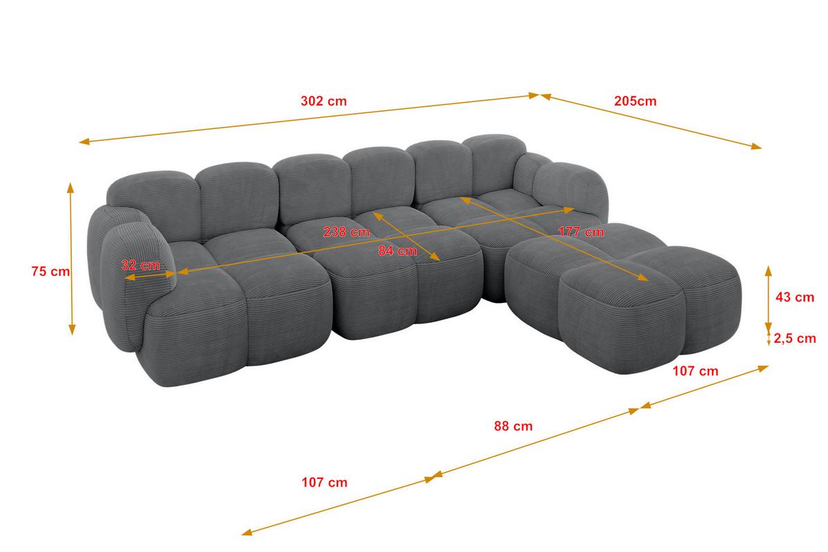ECKSOFA modulares Sofa Rechts Miko-L2 302x205x75 Dunkelgrau Cord - Graphitfarben/Schwarz, Holzwerkstoff/Kunststoff (302/205cm) - ALTDECOR