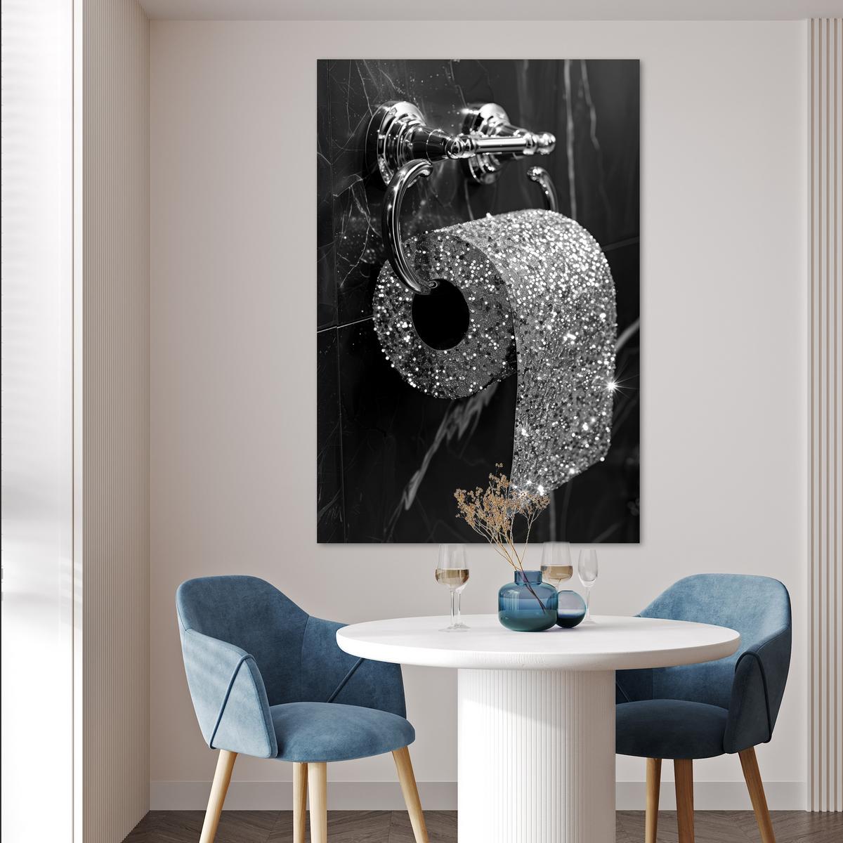 POSTER WC - Toilettenpapier - Schwarz und weiß - Glitter Wandbild Schlafzimmer 80x120 cm - Silberfarben, Papier (80/120/0.1cm) - MuchoWow
