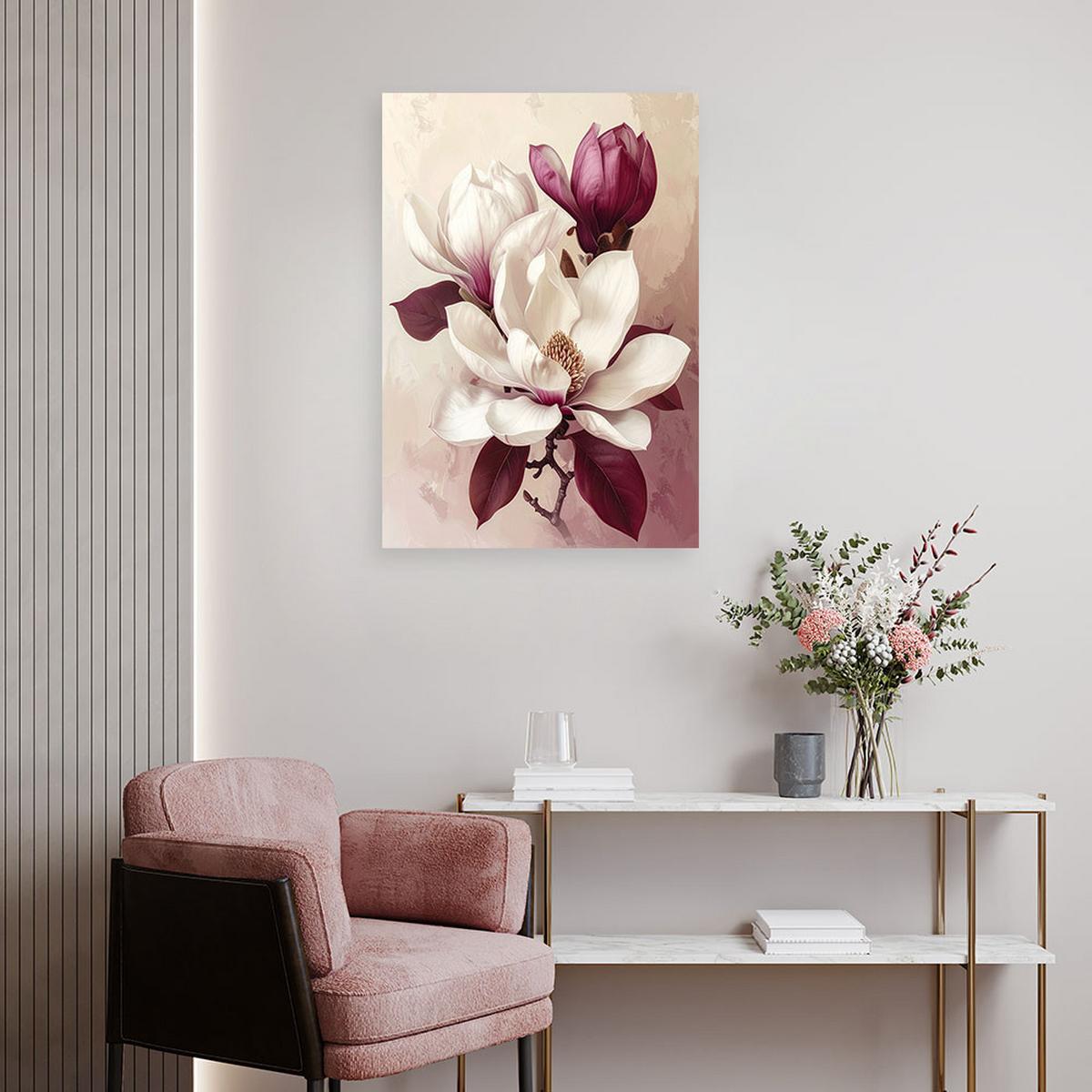 LEINWANDBILD, Weiße Magnolie mit burgunderroten Blättern in einem romantischen Stil - Lila, Textil (40/60cm) - Feeby