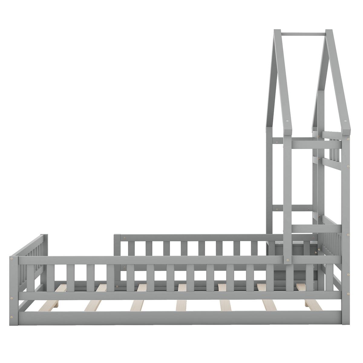 KINDERBETT 140x200 cm Hausbett Grau – Massivholz Bett mit Geländer & Nachttisch - Grau, Holz - Urban Meuble