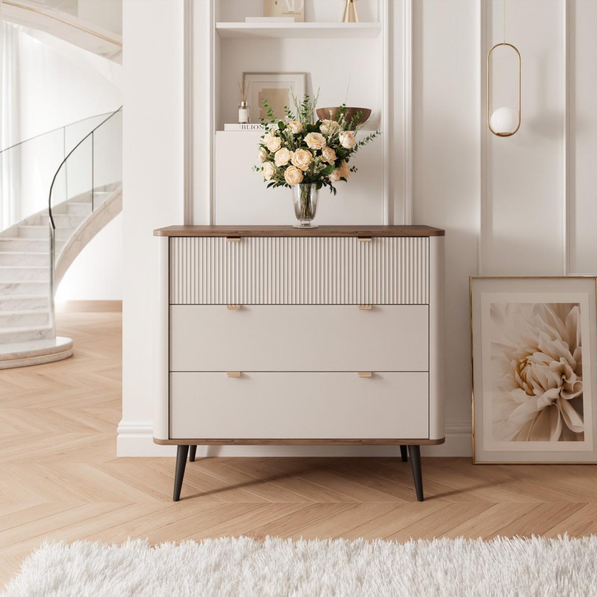 KOMMODE NAVANI 90 cm, 3 Schublade(n) Kaschmir / Nussbaum - Nussbaumfarben/Schwarz, Holzwerkstoff/Metall (90/82/40cm) - Idohome