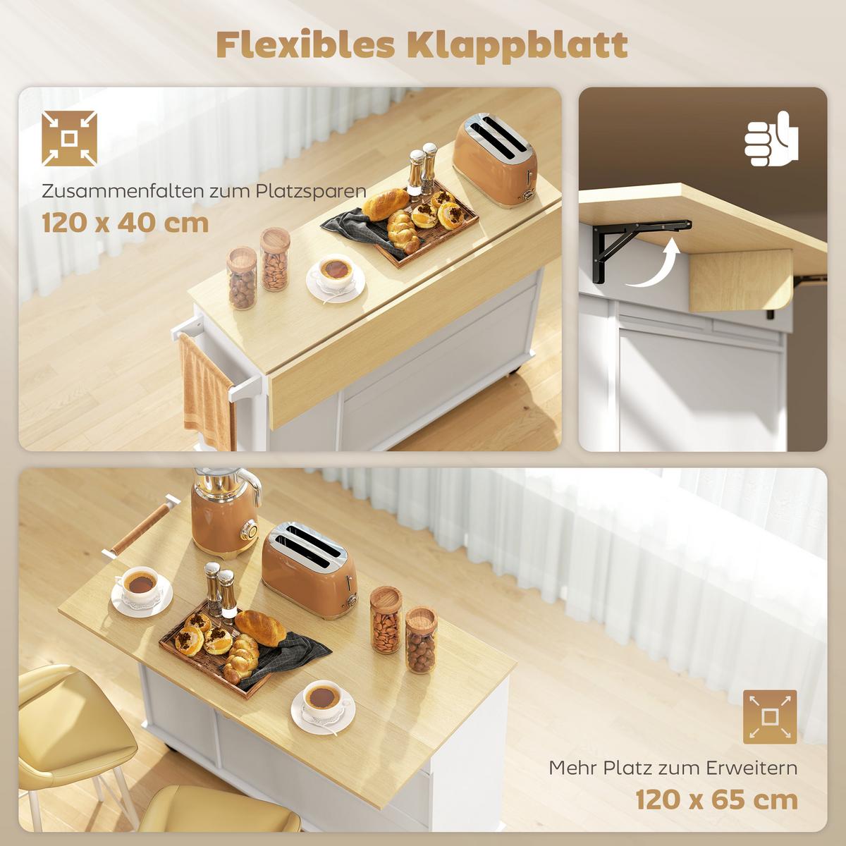 KÜCHENINSEL MDF Weiß - Silberfarben/Weiß, Holzwerkstoff/Metall (65/91/129cm) - HOMCOM