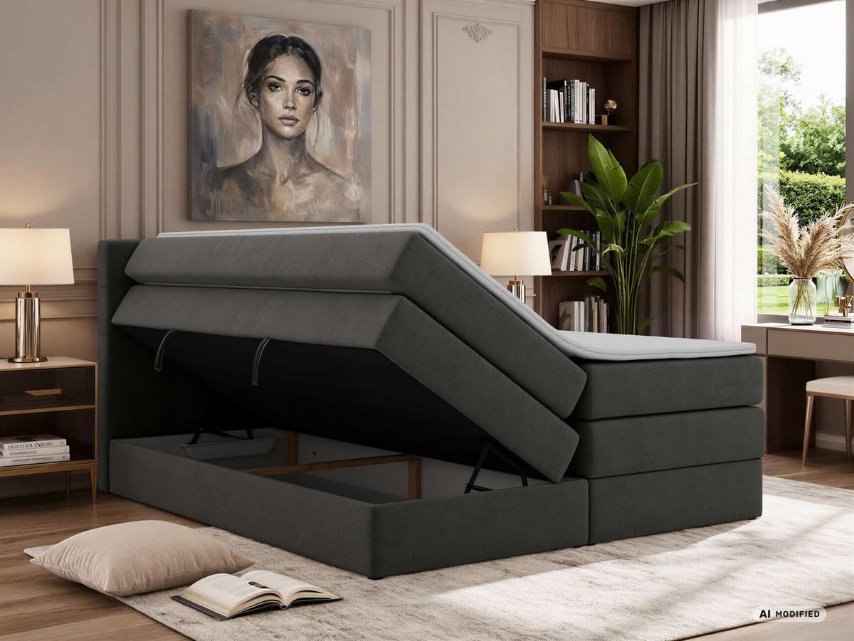 BOXSPRINGBETT SOLVEN KING 200/200 - Dunkelgrau Jersey - Topper T25 - H4 - Dunkelgrau/Schwarz, Kunststoff/Textil (200/200cm) - MKS