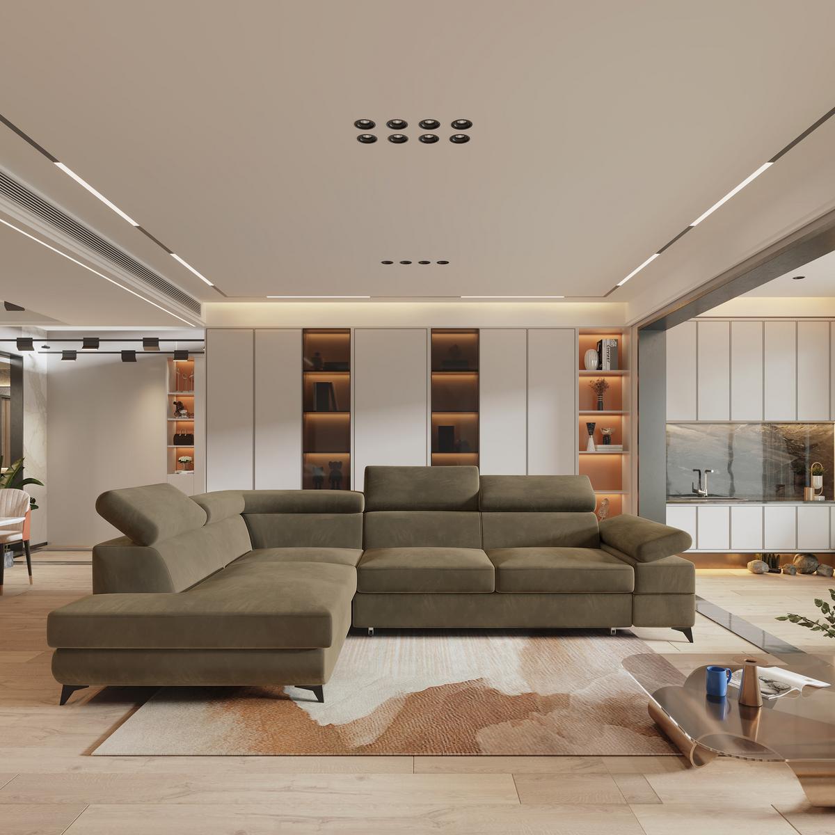 ECKSOFA FAVIEN L-S Beige Velours-Stoff mit Schlaffunktion - Beige, Holz (257/190cm) - MASSENO