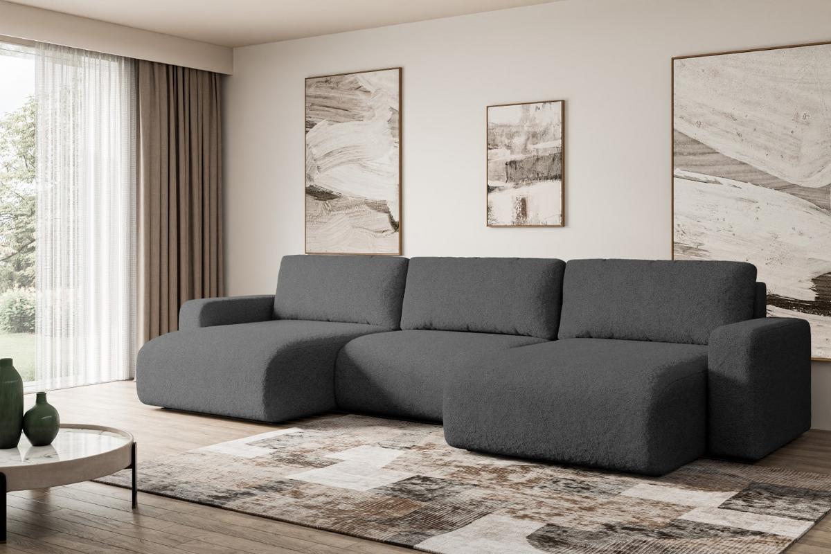 WOHNLANDSCHAFT mit Schlaffunktion und Bettkasten KLEEA-U - 347x143x83 cm Grau Bouclé - Schwarz/Grau, Holzwerkstoff/Kunststoff (347/83/143cm) - ALTDECOR