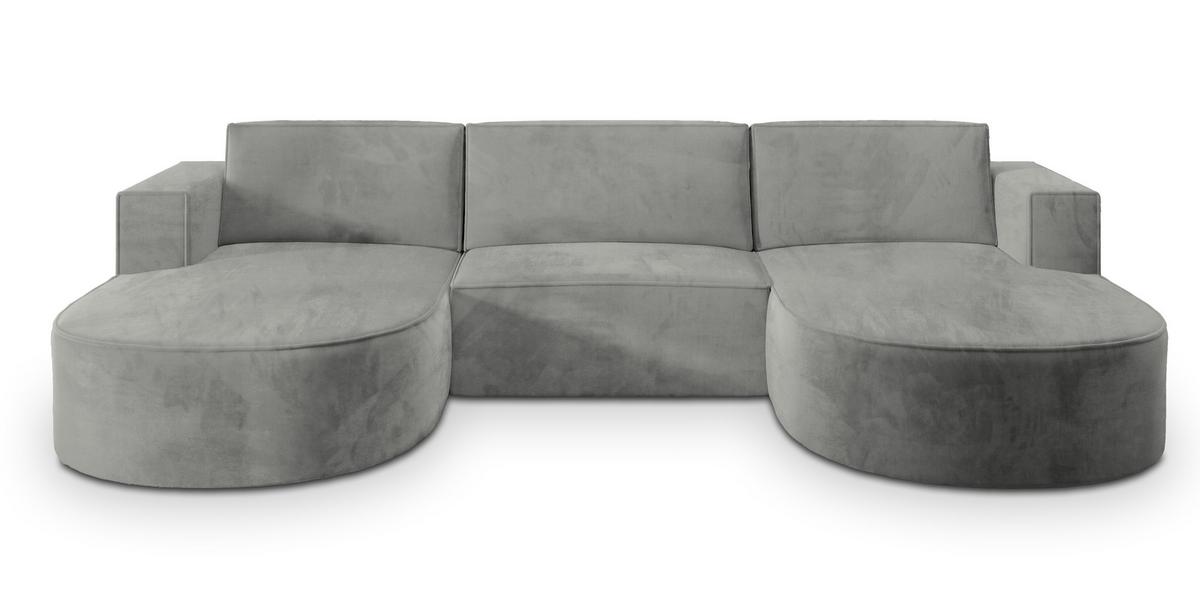 WOHNLANDSCHAFT VEZZO M Hellgrau Velours-Stoff mit Schlaffunktion - Hellgrau, Holz (347/85/174cm) - MASSENO