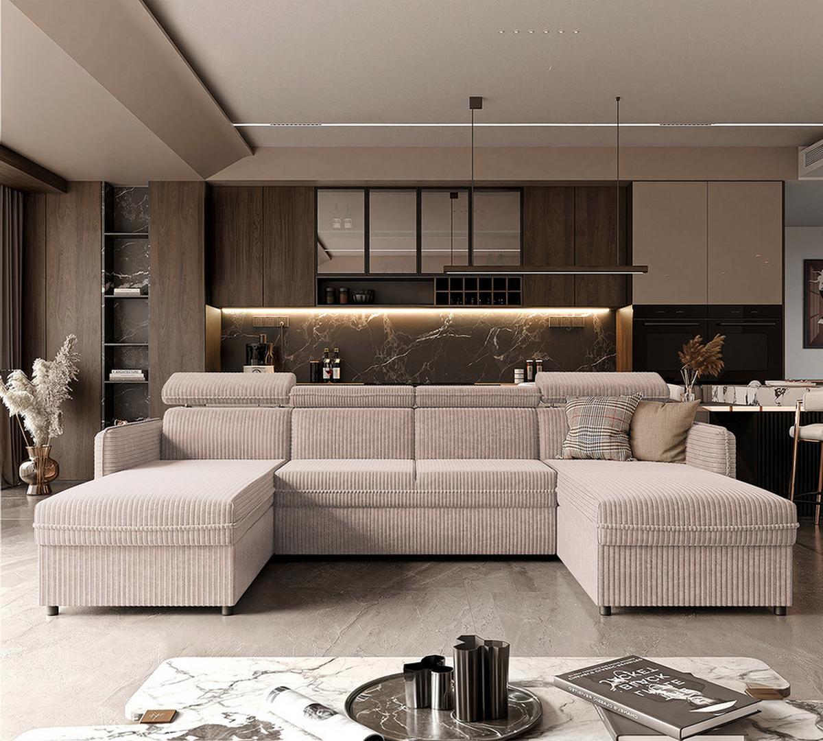 WOHNLANDSCHAFT BENI mit Schlaffunktion und Bettkasten Sandfarben - Sandfarben/Schwarz, Kunststoff/Textil (286/60/166cm) - Idohome