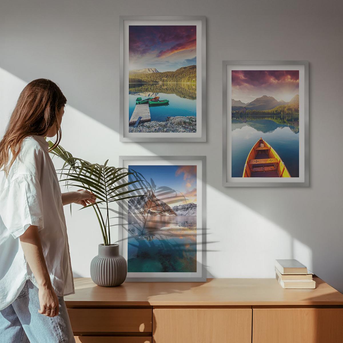 BILDER SET 3er Set - 40x60 cm Silberner Rahmen - Seen, Berge, Boote, Frieden - Silberfarben, Kunststoff (40/60cm) - TULUP